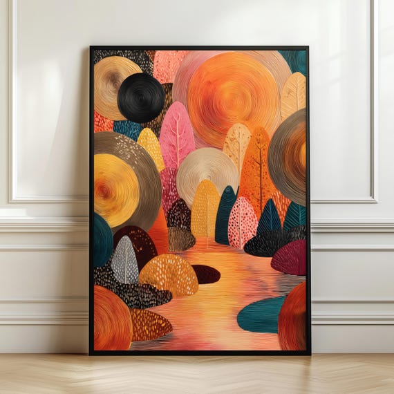 Colorful Abstract Forest Landscape Wall Art Vibrant Sunset River Poster Modern Nature Print Fantasy Woodland Decor Digital Download