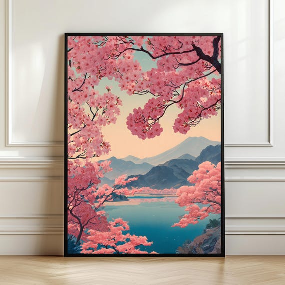 Cherry Blossom Lake Wall Art Japanese Landscape Print Pink Sakura Nature Posterserene Mountain View Spring Decor Gift Digital Download