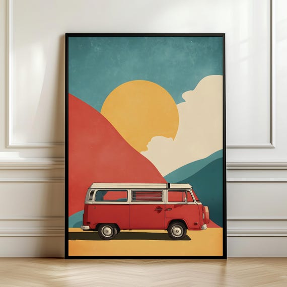 Retro Camper Van Wall Art Minimal Travel Illustration Vintage Road Trip Poster Red Sunset Modern Decor Gift Digital Download
