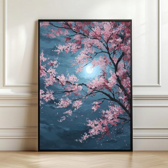 Sakura Moon Night Wall Art Japanese Cherry Blossom Print Full Floral Illustration Blue Pink Zen Decor Calm Naturedigital Download