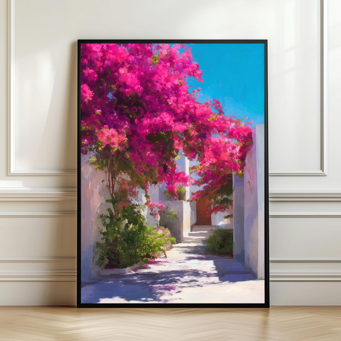 Pink Bougainvillea Alley Wall Art Greek Summer Print Mediterranean Street Poster Vibrant Floral Decor Travel Gift Digital Download