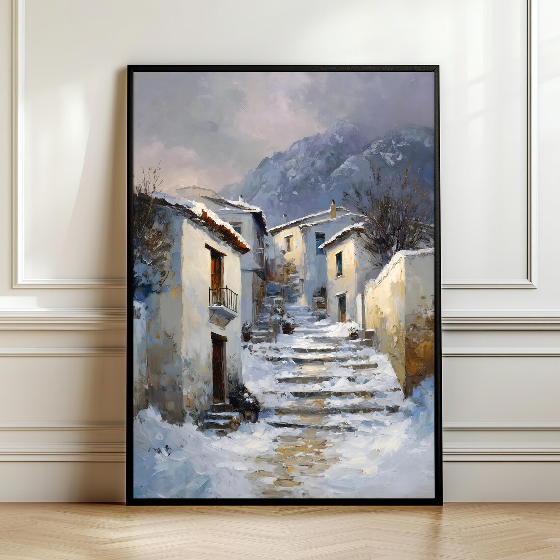 Snowy Mountain Village Oil Painting Winter Alpine Scene Wall Poster
