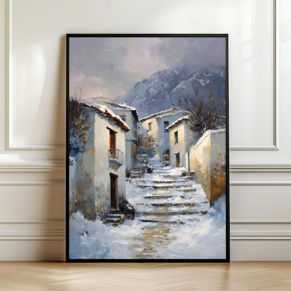 Winter Village Wall Art Snowy Landscape Poster Rustic Mountain Print Cozy Decor Mediterranean Architecture Digital Download