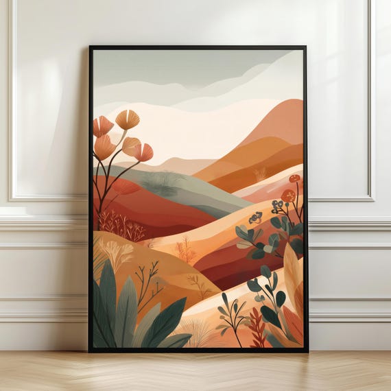 Boho Botanical Desert Landscape Wall Art Warm Earth Tone Hills Illustration Abstract Nature Print Mid Century Poster Digital Download