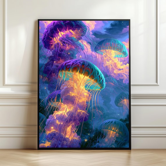Glowing Fantasy Jellyfish Cosmic Ocean Magical Marine Wall Art