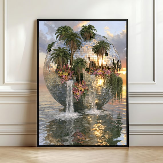 Floating Disco Oasis Tropical Paradise Surreal Mirror Ball Island Poster