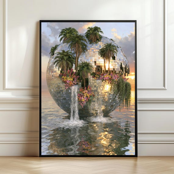 Floating Disco Oasis Wall Art Tropical Paradise Print Surreal Mirror Ball Decor Dreamy Coastal Poster Lover Gift Digital Download