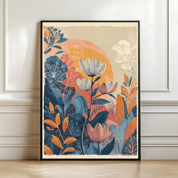 Warm Boho Floral Sunset Botanical Illustration Earthy Sun Garden Poster