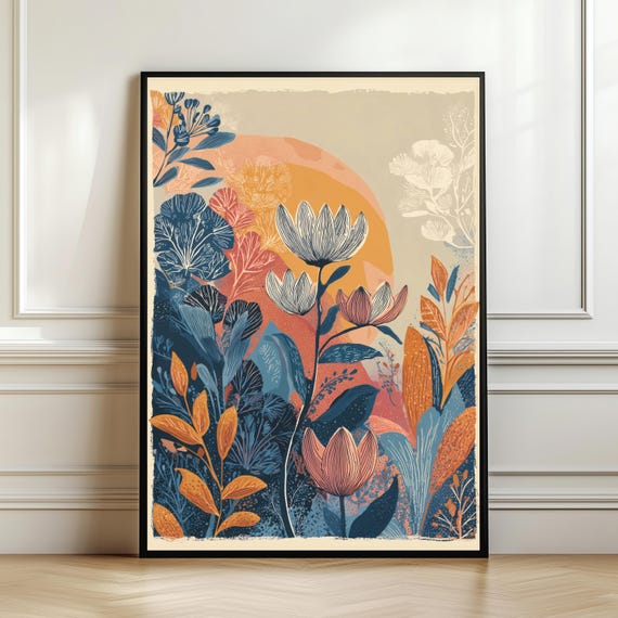 Warm Boho Floral Wall Art Abstract Botanical Illustration Earthy Sun Landscape Print Modern Neutral Home Decor Gift Digital Download