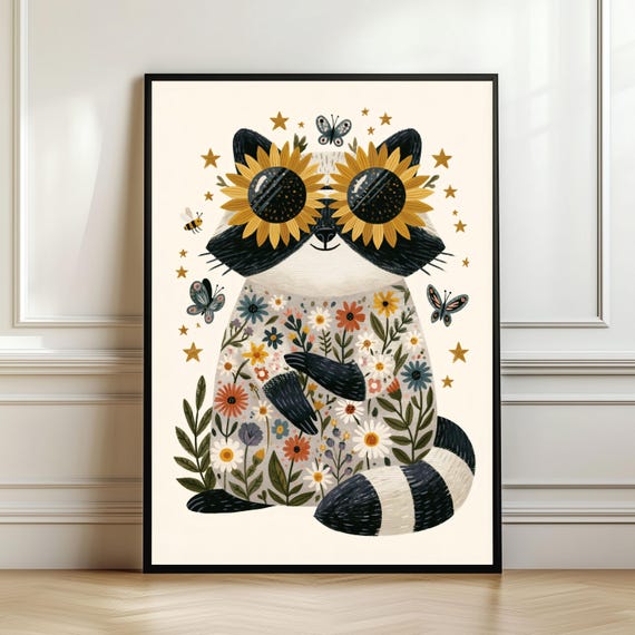 Cute Raccoon Wall Art Floral Print Botanical Animal Decor Cottagecore Lover Gift Digital Download