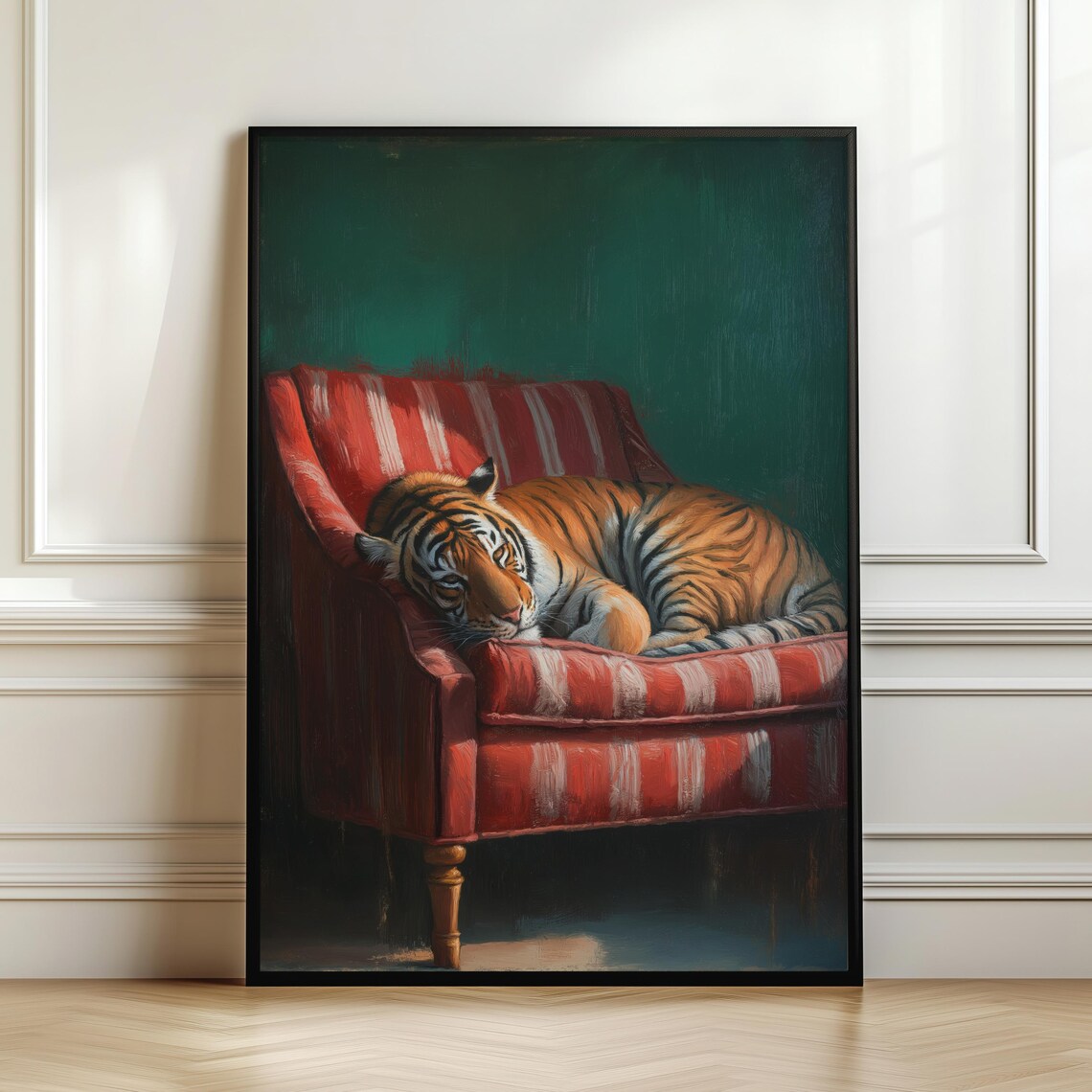 Tiger Resting Red Striped Couch Moody Wildlife Oil Painting Poster