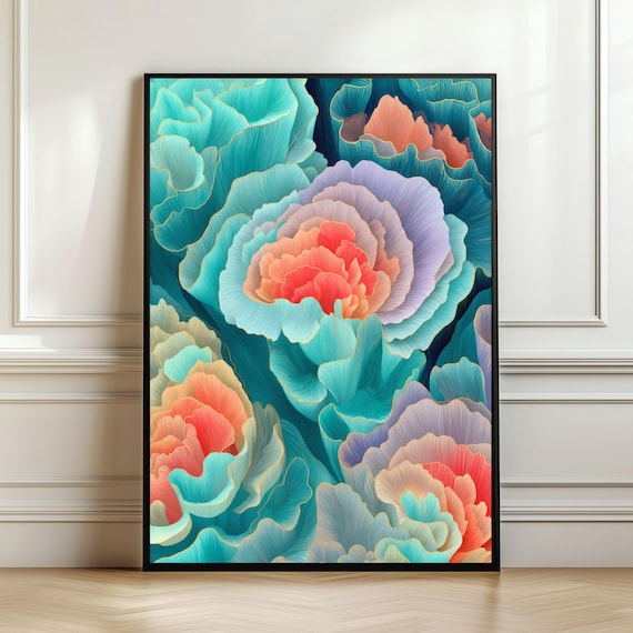 Teal and Coral Abstract Bloom Flowers with Gold Edge Ocean Style Wall Art