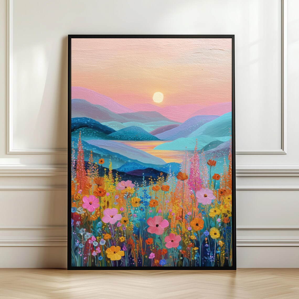 Wildflower Meadow Sunset Mountains Colorful Impasto Painting Nature Wall Art