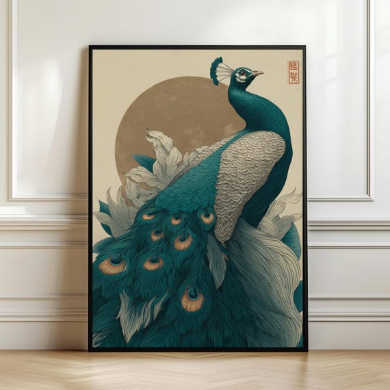 Japanese Peacock Wall Art Print Ornamental Teal Bird Poster Ukiyoe Style Animal Illustration Elegant Oriental Decor Digital Download
