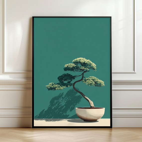 Minimal Bonsai Tree Wall Art Zen Japanese Decor Teal Green Japandi Poster Calm Nature Illustration Mindfulness Gift Digital Download