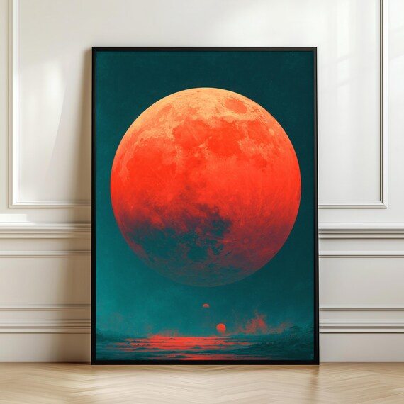 Crimson Moon Wall Art Celestial Japanese Landscape Print Red Decor Cosmic Night Artwork Fantasy Sky Gift Digital Download