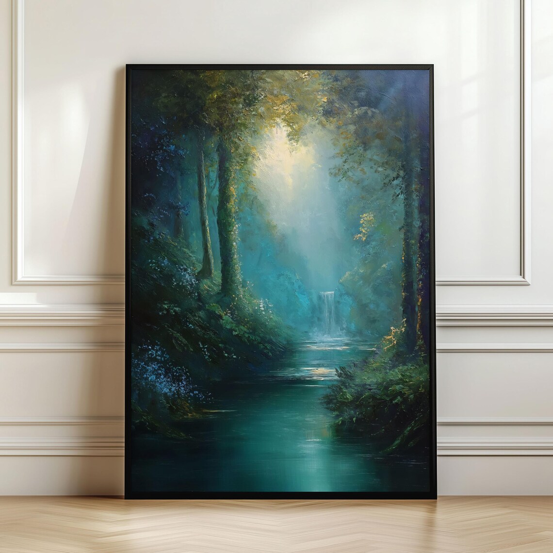 Mystical Forest Waterfall with Light Beam Teal Enchanted Woodland Poster