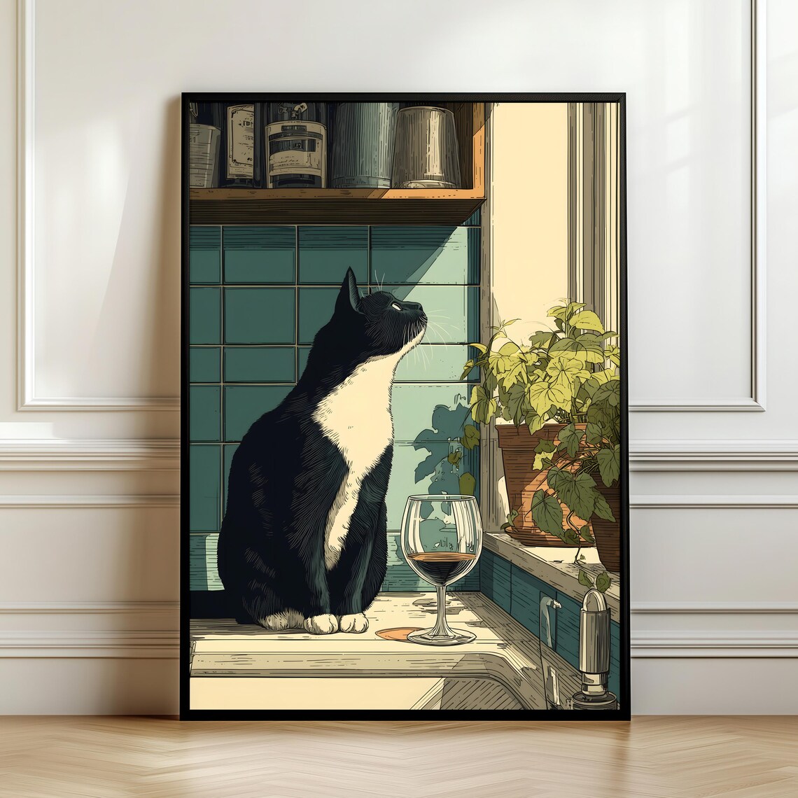Retro Cat Window Vintage Tuxedo Art Print
