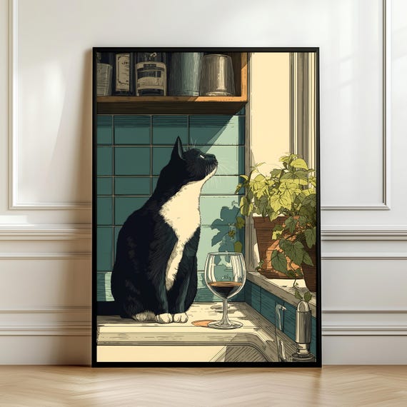 Retro Cat Window Vintage Tuxedo Art Print