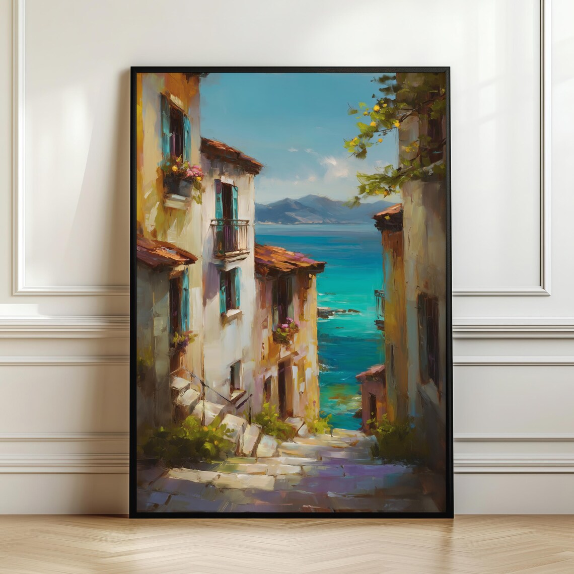 Mediterranean Seaside Alley Painting Coastal Village Wall Art