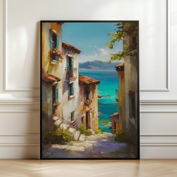Mediterranean Seaside Alley Wall Art Coastal Village Painting Blue Sea View Sunlit European Street Travel Print Digital Download