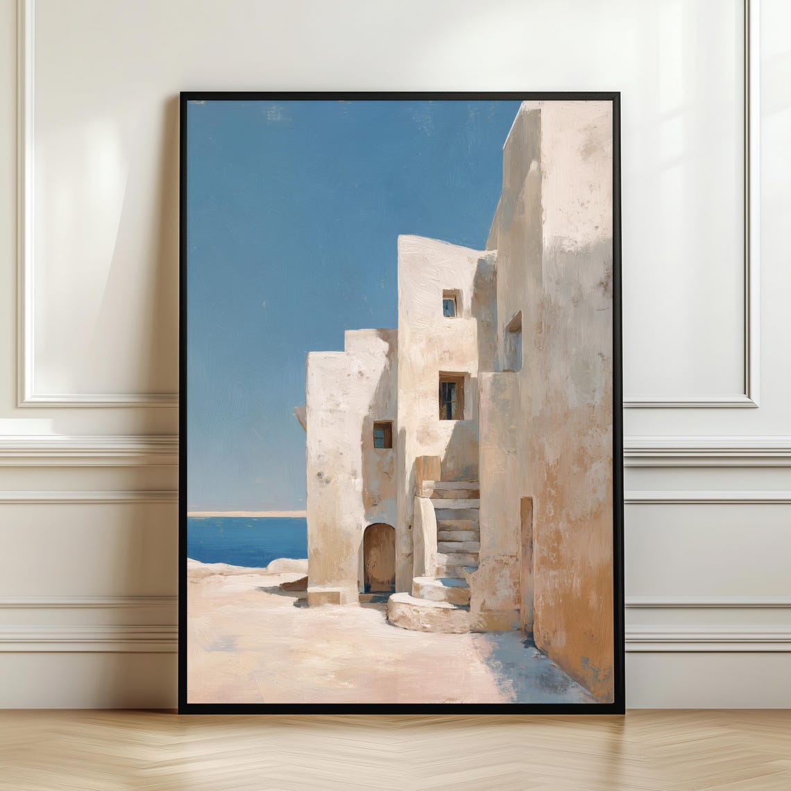 White Mediterranean Sunlit Houses By The Sea Coastal Wall Art