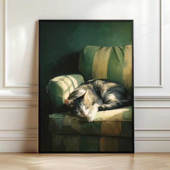 Cozy Cat Wall Art Print Sleeping Illustration In Green Armchair Moody Home Decor Calm Pet Artwork Lover Gift Digital Download