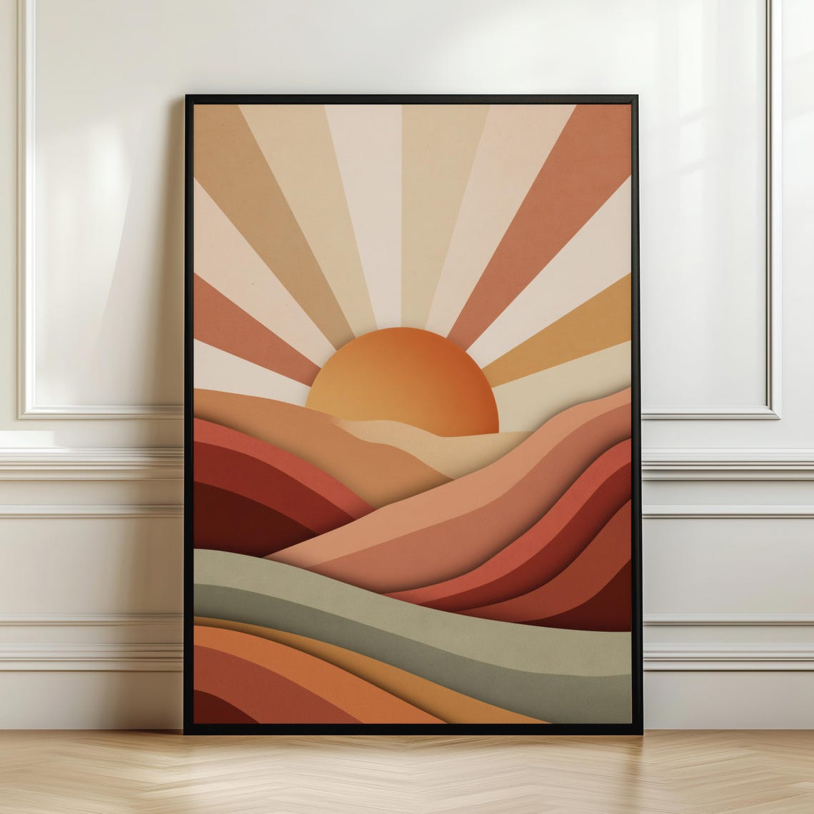 Abstract Boho Sunrise Over Wavy Hills Retro Sun Rays Wall Art