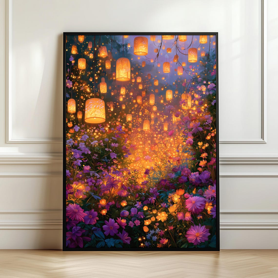 Enchanted Lantern Garden Glowing Paper Lanterns Flower Night Wall Art