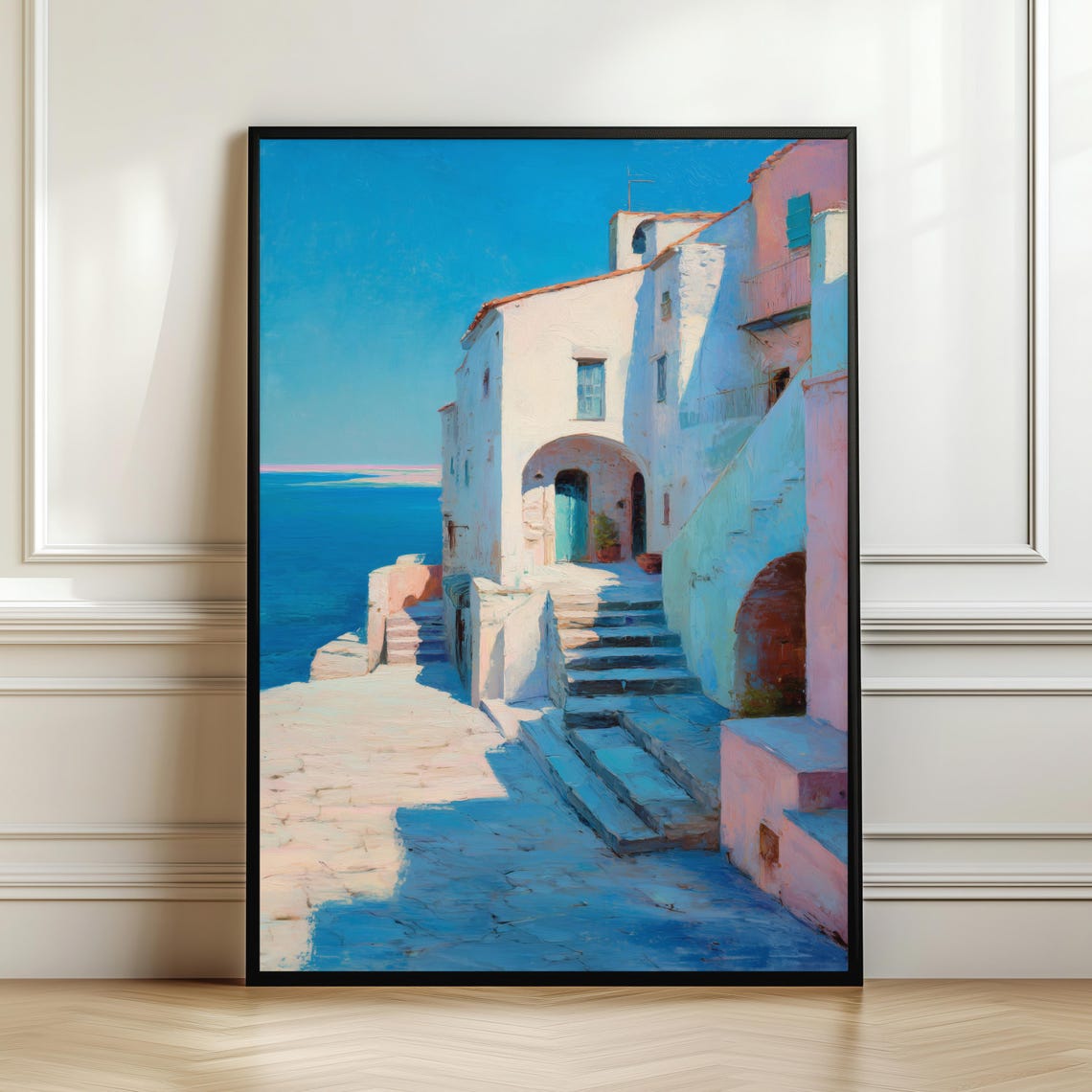 Mediterranean Coastal Steps Whitewashed Village Sea View Print