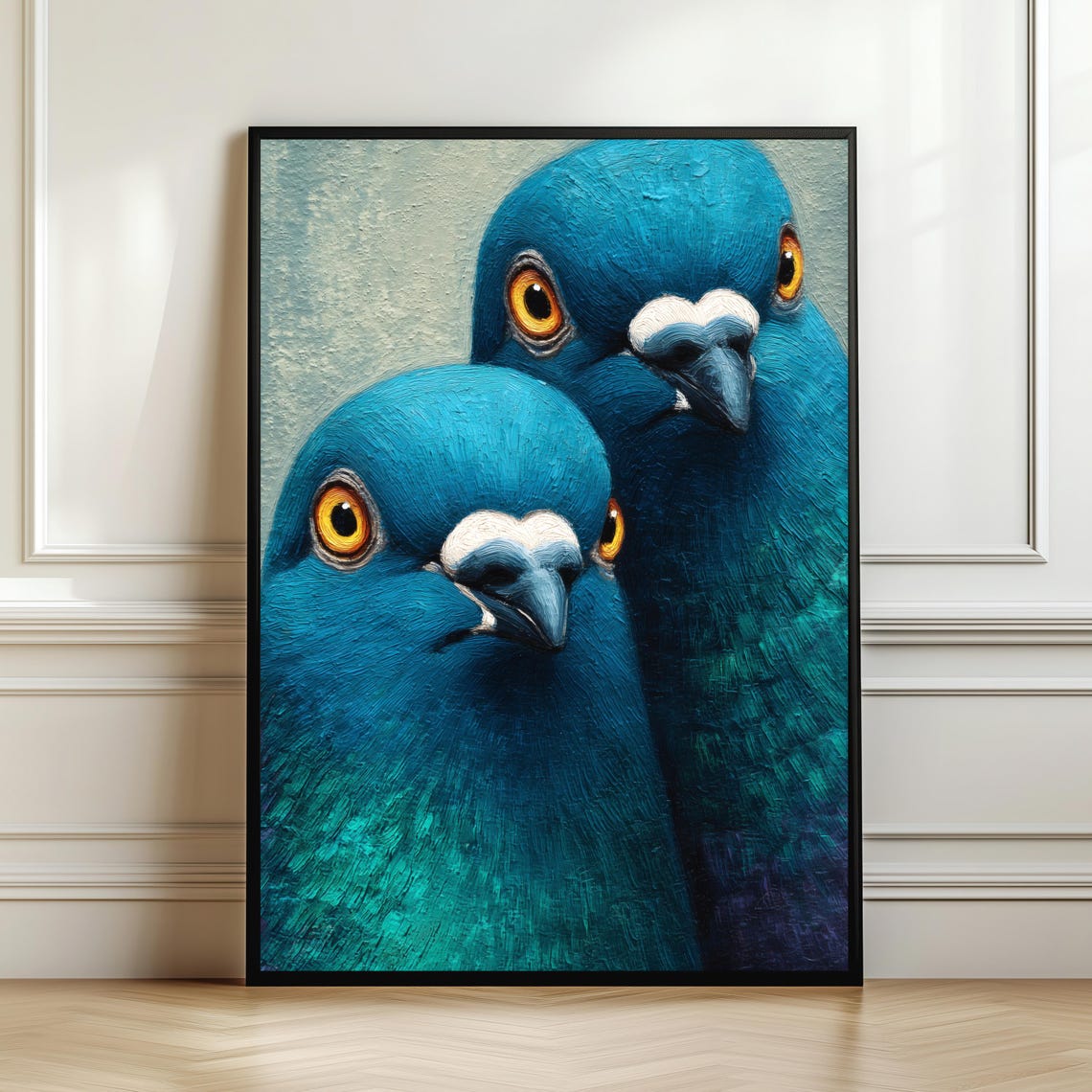 Whimsical Blue Pigeon Pair Close-Up Painterly Portrait Poster