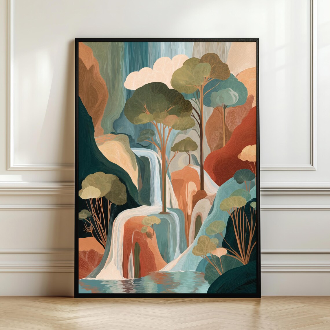 Abstract Waterfall Wall Art Boho Landscape Print Earth Tone Nature Poster Organic Mountain Modern Decor Digital Download