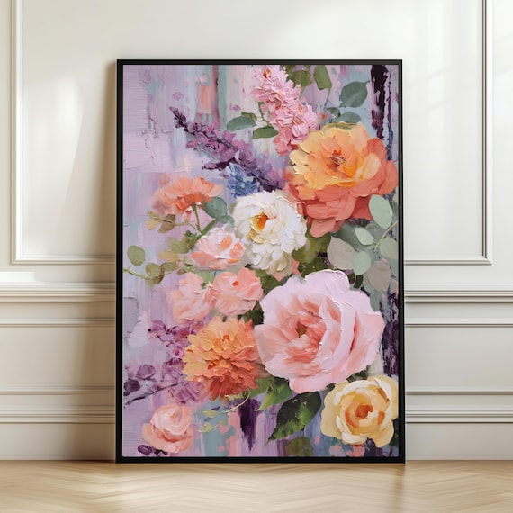 Impressionist Pink Peony Roses Bouquet Impasto Floral Art Poster