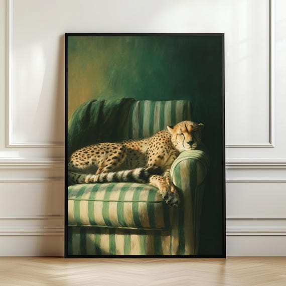 Elegant Sleeping Cheetah Wall Art Emerald Green Poster Relaxed Big Cat Illustration Luxury Animal Decor Unique Gift Digital Download