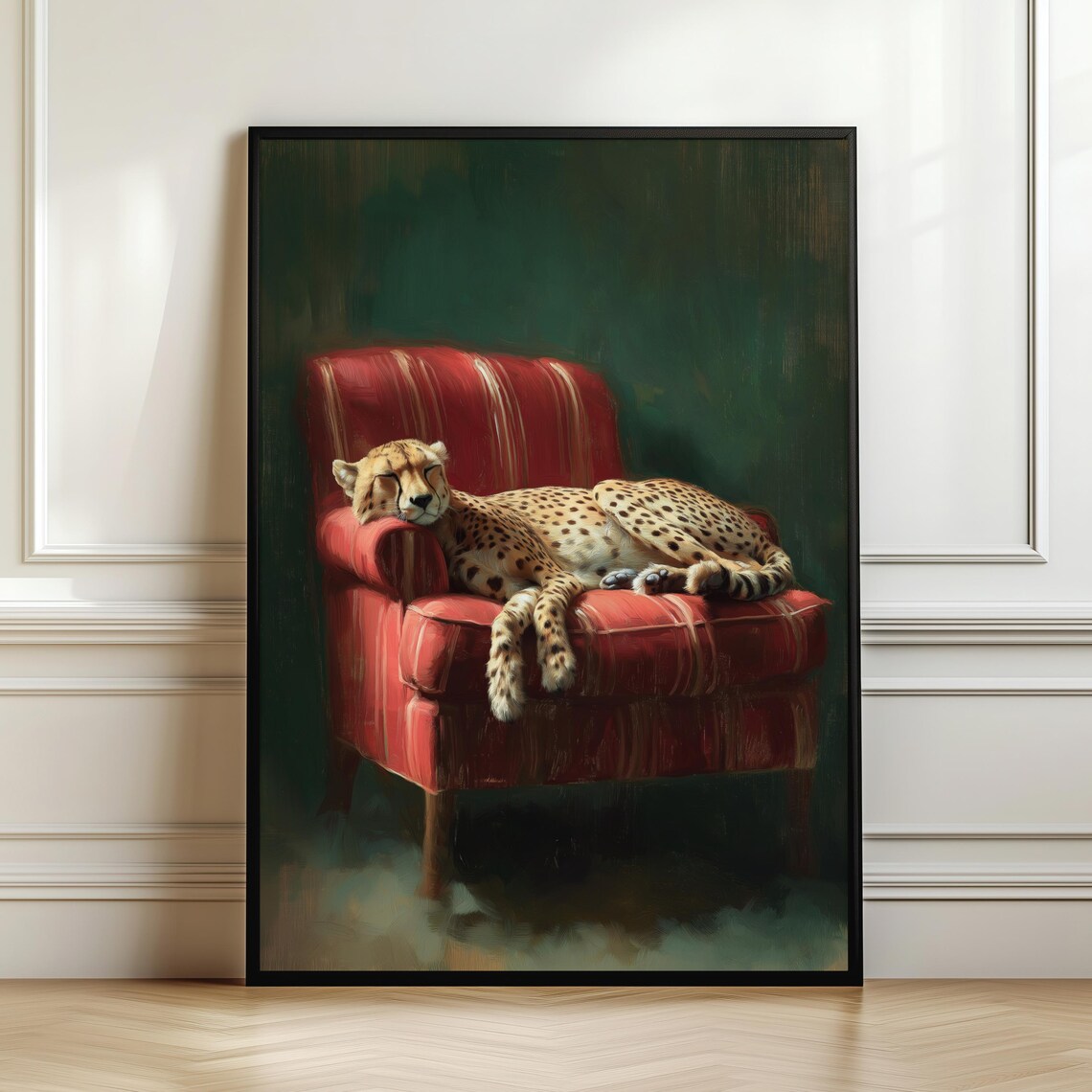 Sleepy Leopard Poster Cheetah Wall Art Maximalist Home Print Emerald Green Modern Contemporary Decor Digital Download