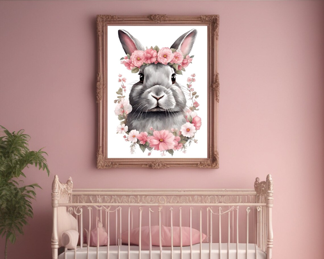 Bunny Flower Crown Pink Floral Wreath Cute Woodland Nursery Poster - Image 3