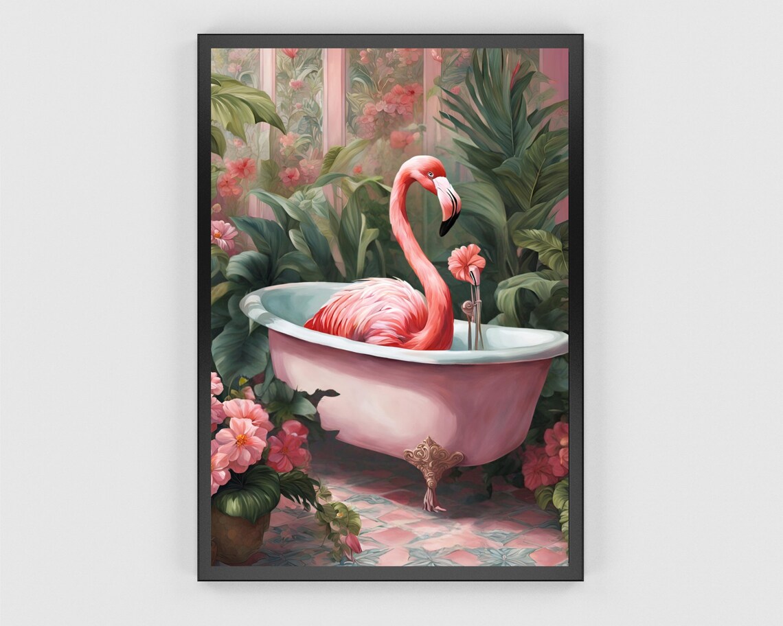 Pink Flamingo Bathtub Tropical Garden Whimsical Bird Art Poster - Image 3