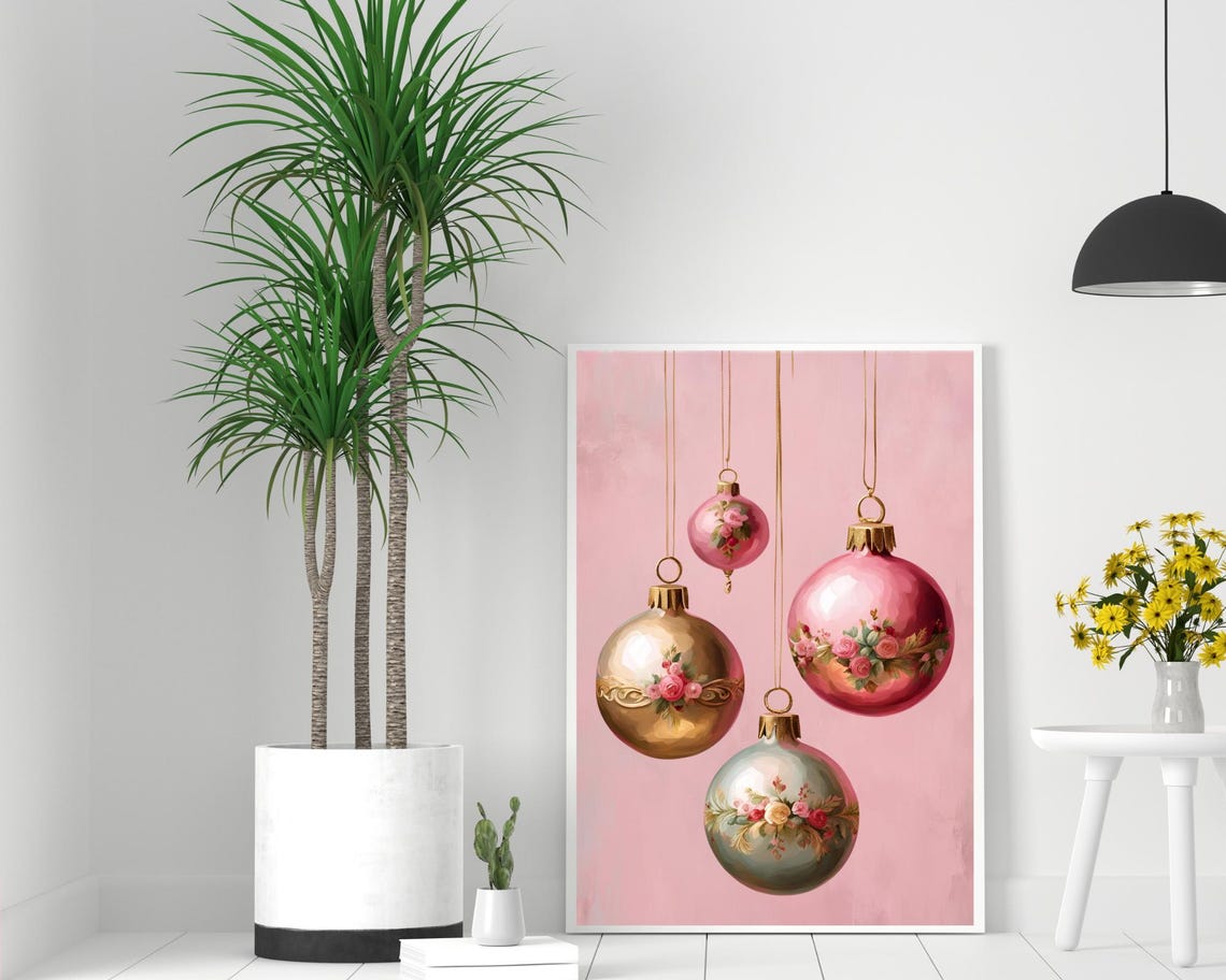Pink Christmas Baubles Hand Painted Floral Ornaments Wall Poster - Image 2