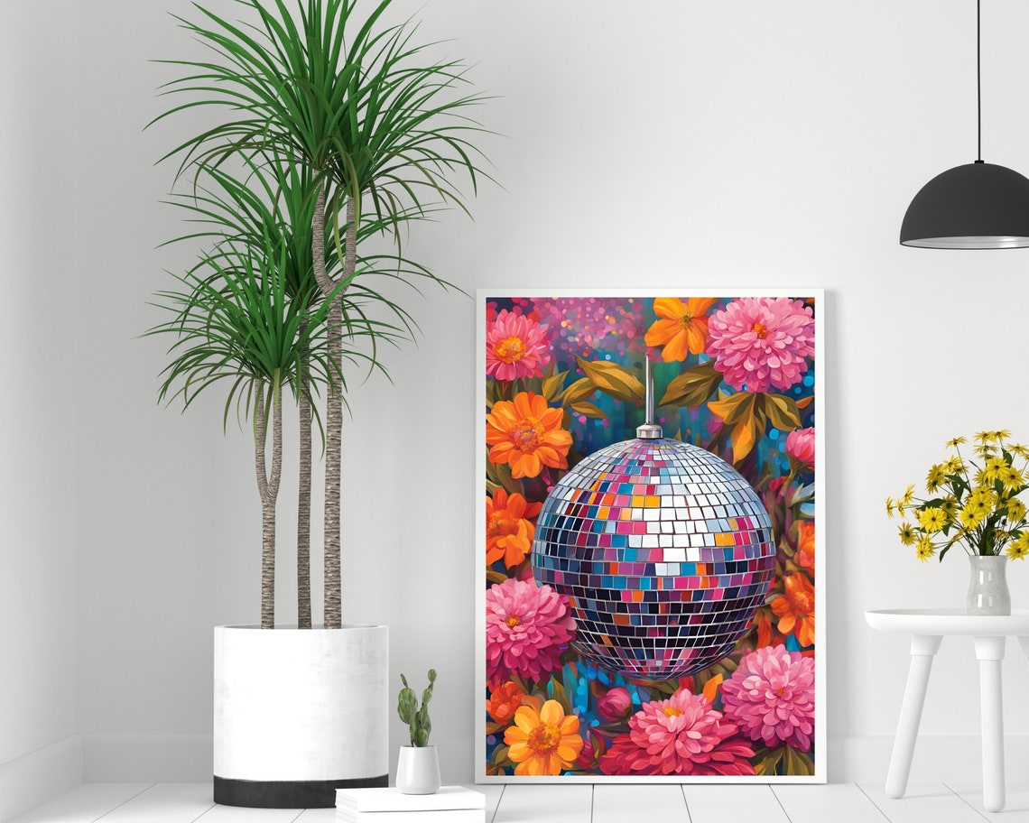 Colorful Mosaic Disco Ball Among Flowers On Dark Teal Poster - Image 2