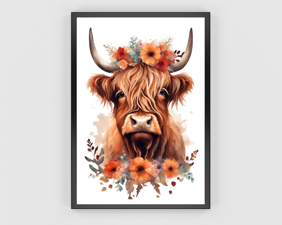Highland Cow Floral Crown Watercolor Farm Animal Portrait Poster - Image 3