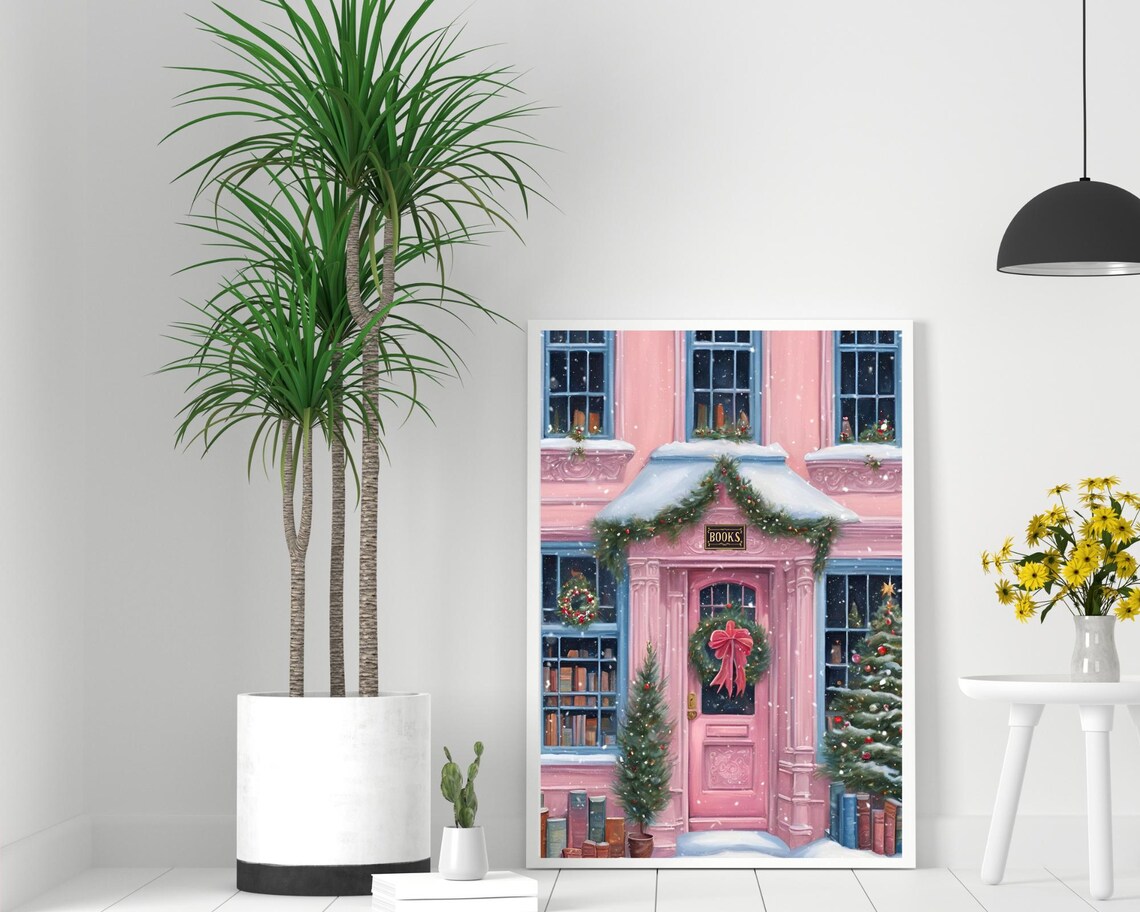 Pink Christmas Bookshop Snowy Storefront Vintage Holiday Art Poster - Image 2