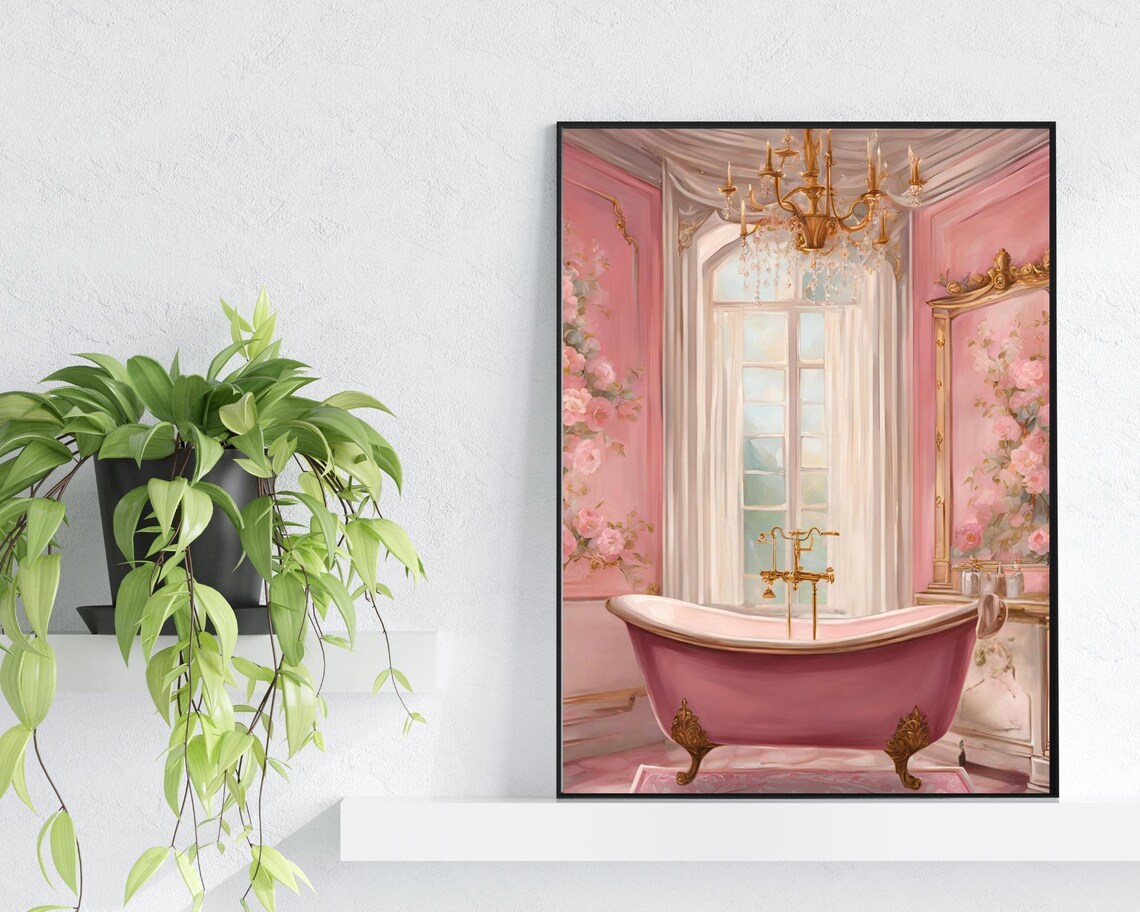 Pink Vintage Bathroom Clawfoot Tub Chandelier Floral Wall Poster - Image 2