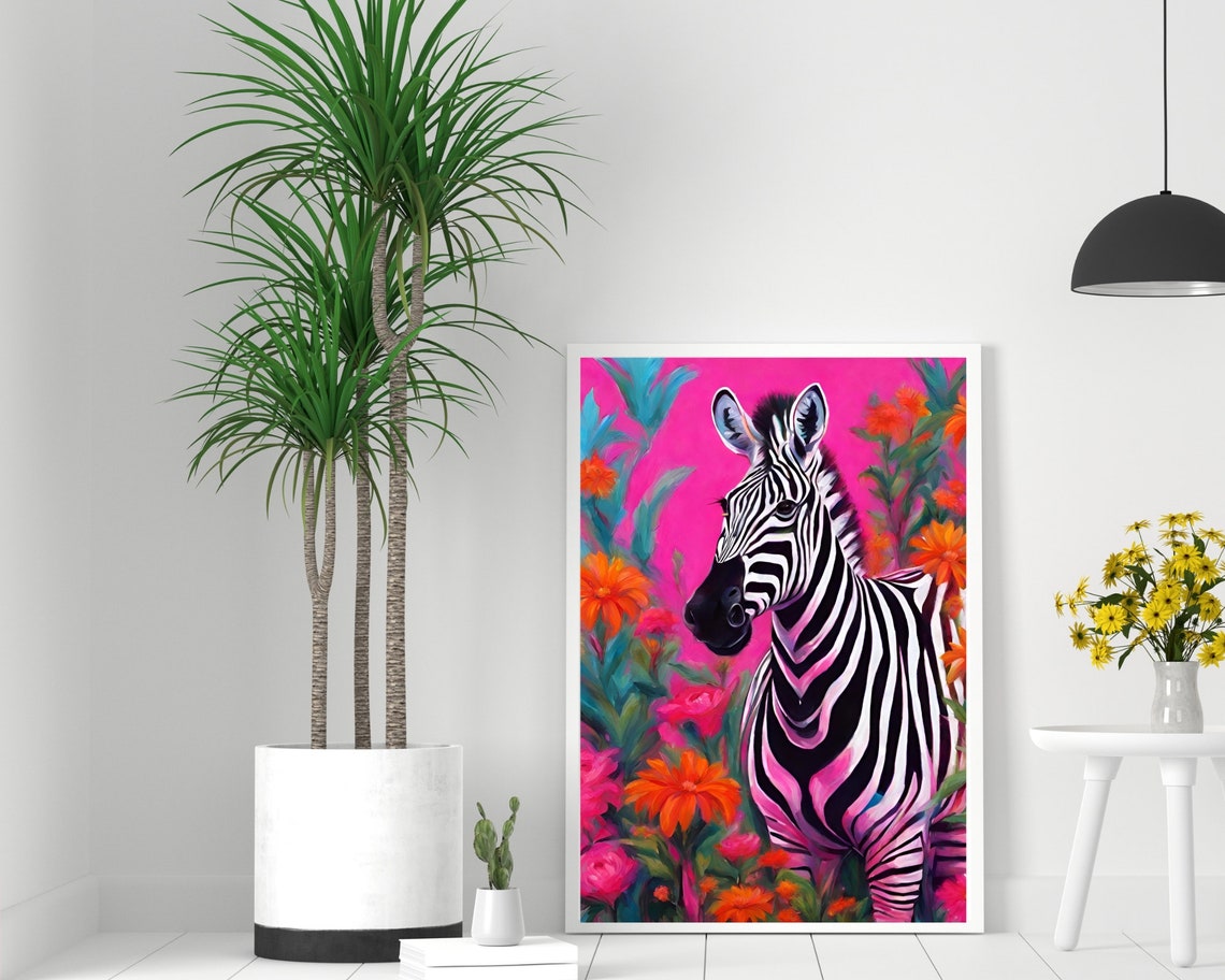 Zebra Among Bright Pink And Orange Flowers On Magenta Poster - Image 2
