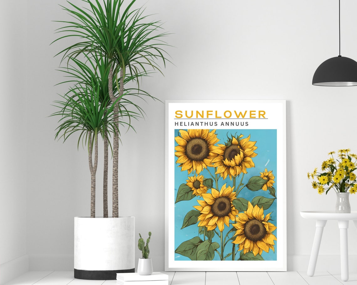 Sunflower Helianthus Annuus Botanical Teal Vintage Chart Poster - Image 2