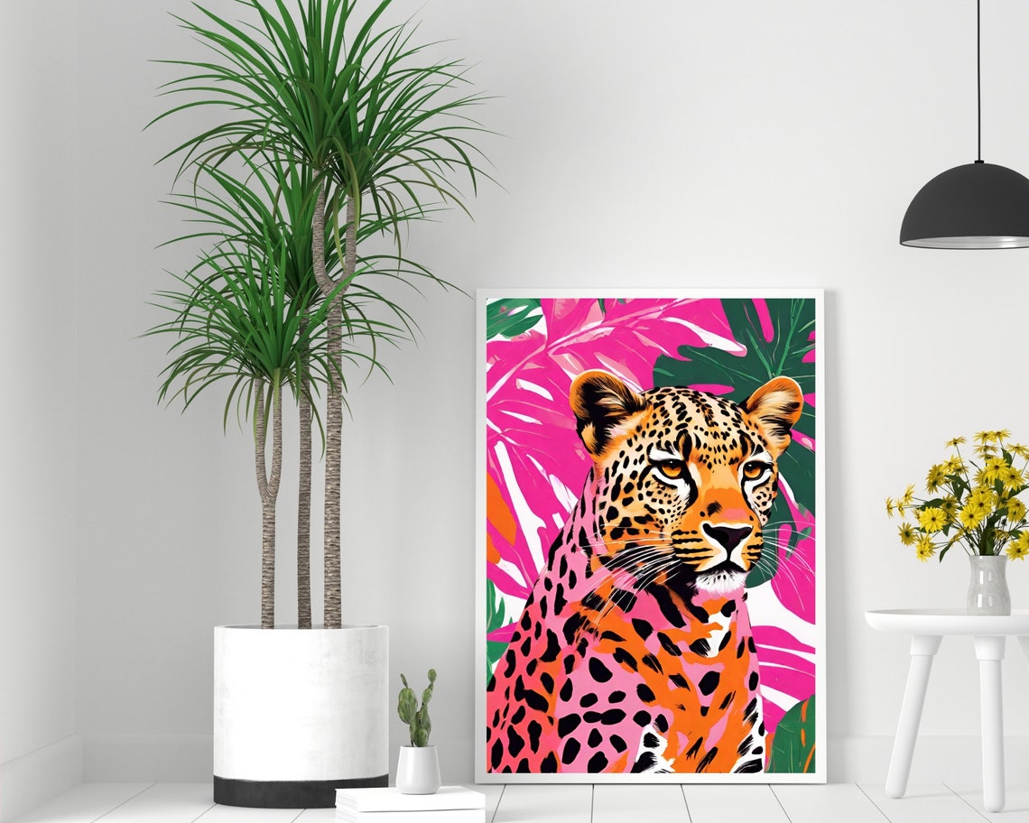 Neon Pink Leopard Portrait Art Tropical Leaf Jungle Feline Print - Image 2