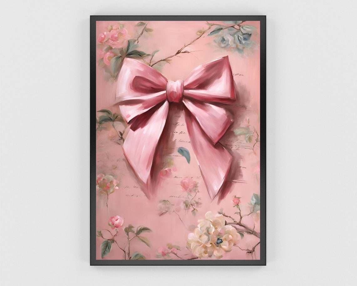 Romantic Pink Bow On Shabby Chic Floral Script Artwork Poster - Image 3