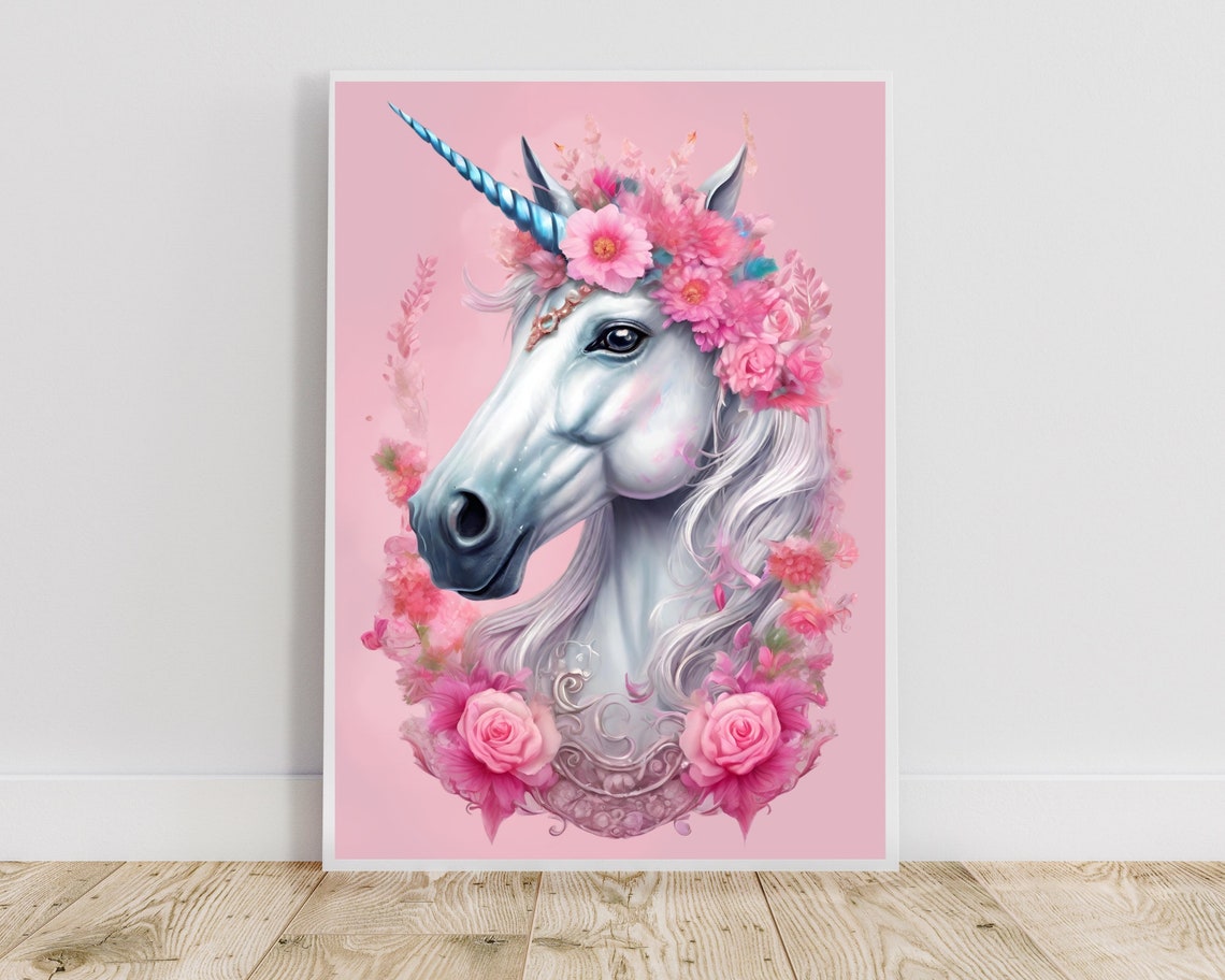 White Unicorn Pink Flower Crown Magical Fantasy Portrait Poster - Image 2