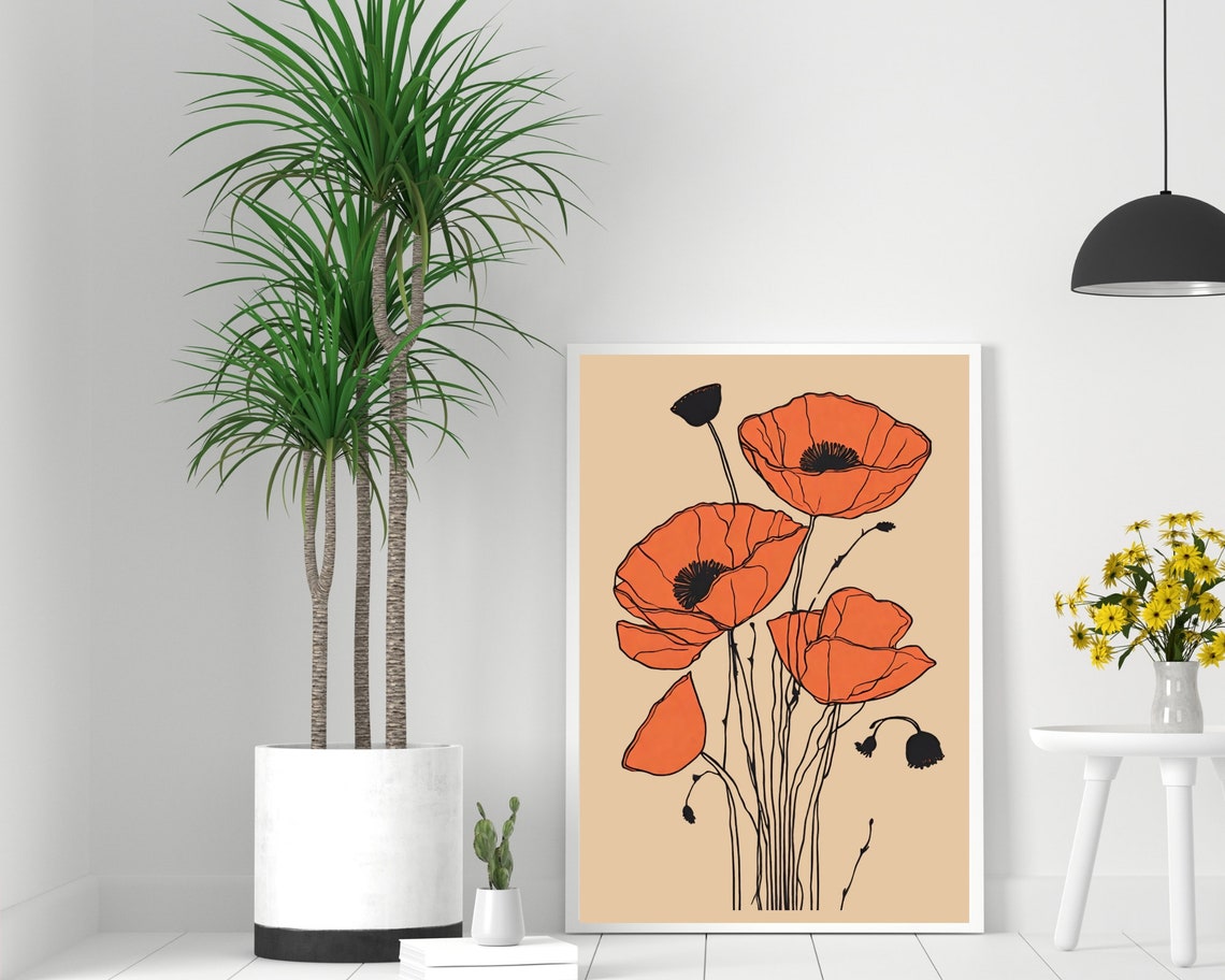 Orange Poppy Line Art Beige Minimalist Botanical Sketch Poster - Image 2