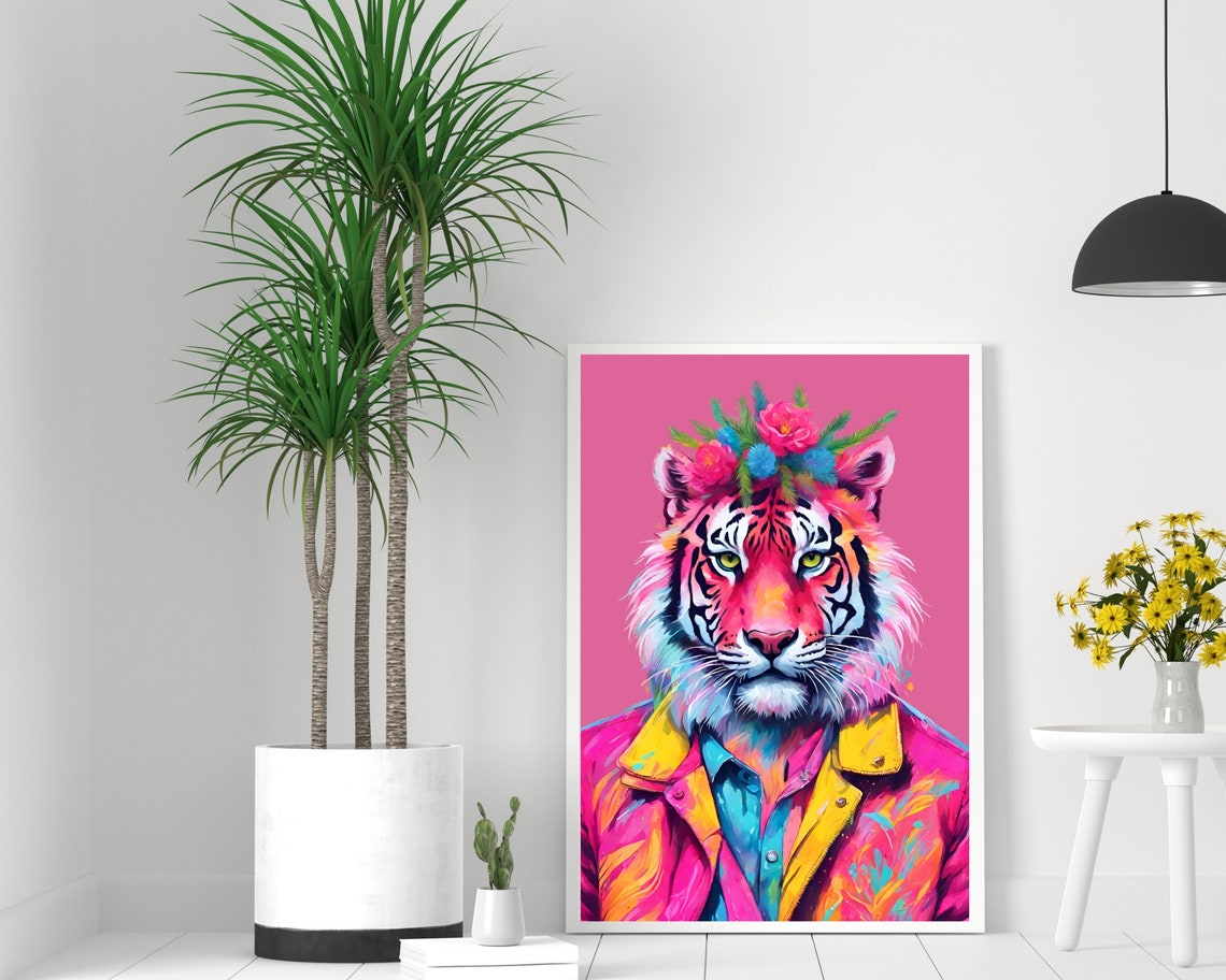 Fashion Animal Portrait Art Print Colorful Tiger Wall Art Funky Leopard Poster Tiger Altered Illustration Funky Hipster Animal Preppy Art - Image 2