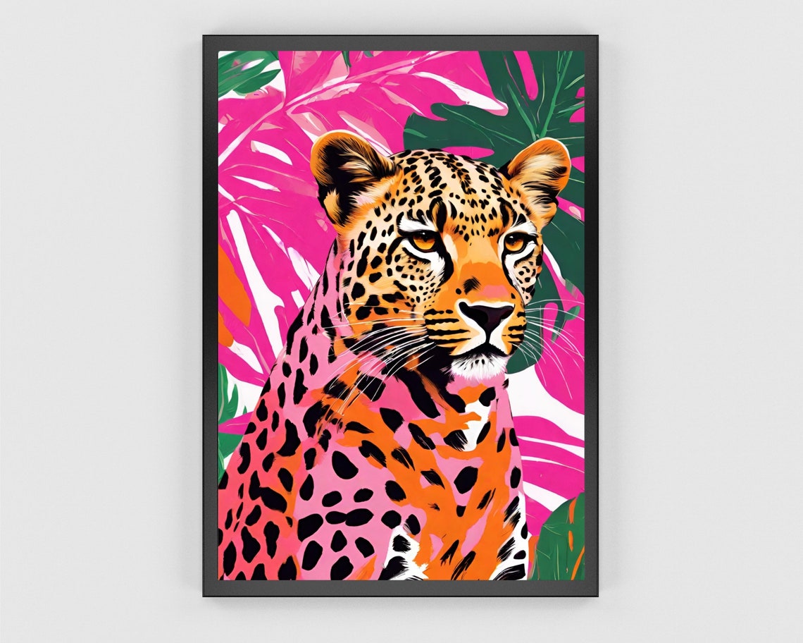 Neon Pink Leopard Portrait Art Tropical Leaf Jungle Feline Print - Image 3